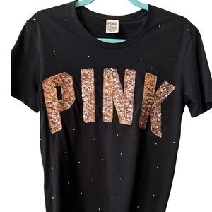 Victoria's Secret Black and Rose Gold Short Sleeve Tee with Glitter Accents